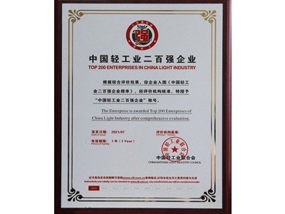 中國輕工業(yè)二百強(qiáng)企業(yè)